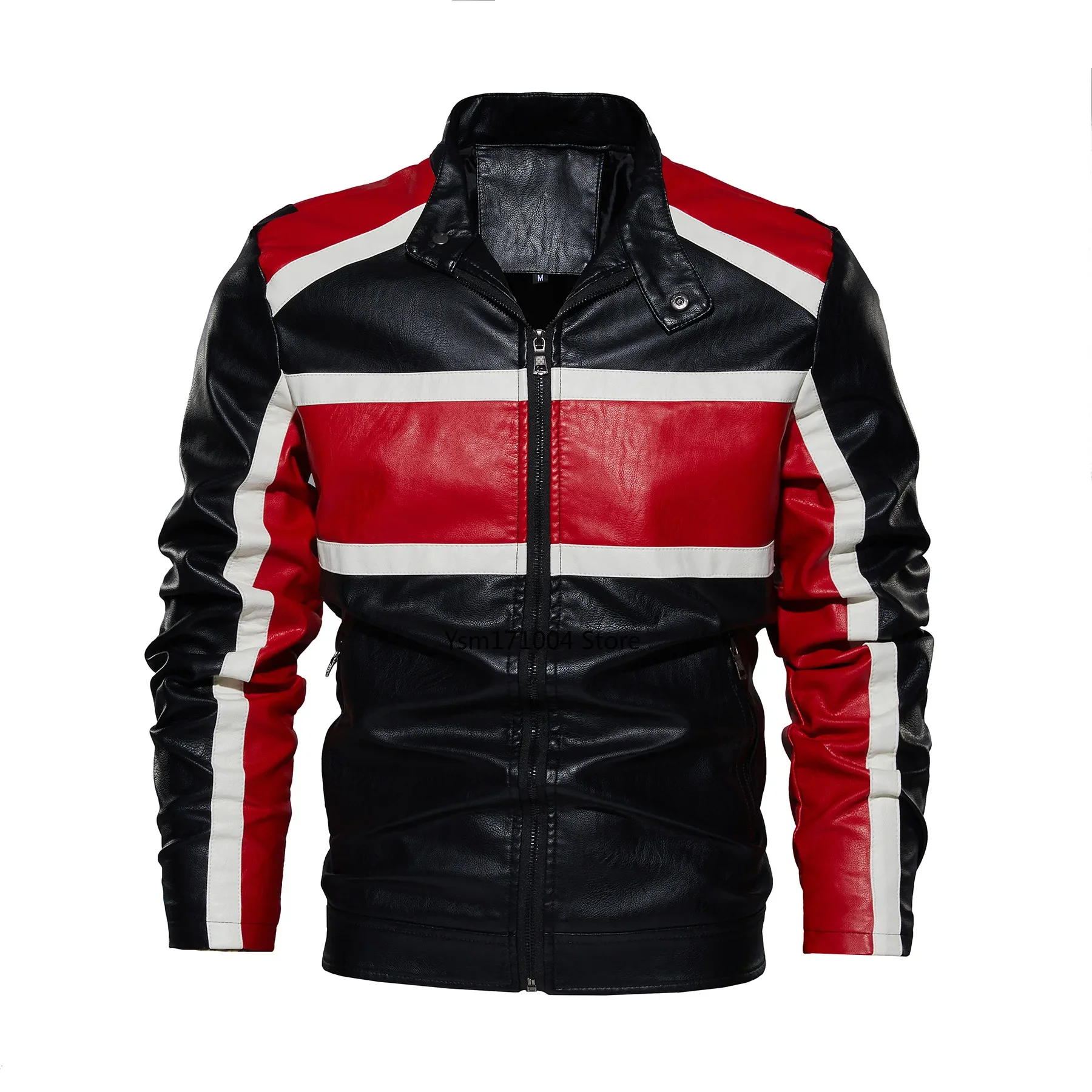 TPJB Spring and Autumn New Men PU Jacket Men's Leisure Motorcycle Stitching Standing Collar Bicycle Windproof Men Leather Jacket