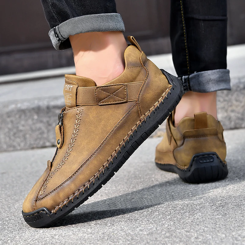 New 2025 Handmade Leather Men Shoes Zipper Design Sneakers Breathable Men's Flats Casual Shoes Outdoor Men Ankle Boots Plus Size