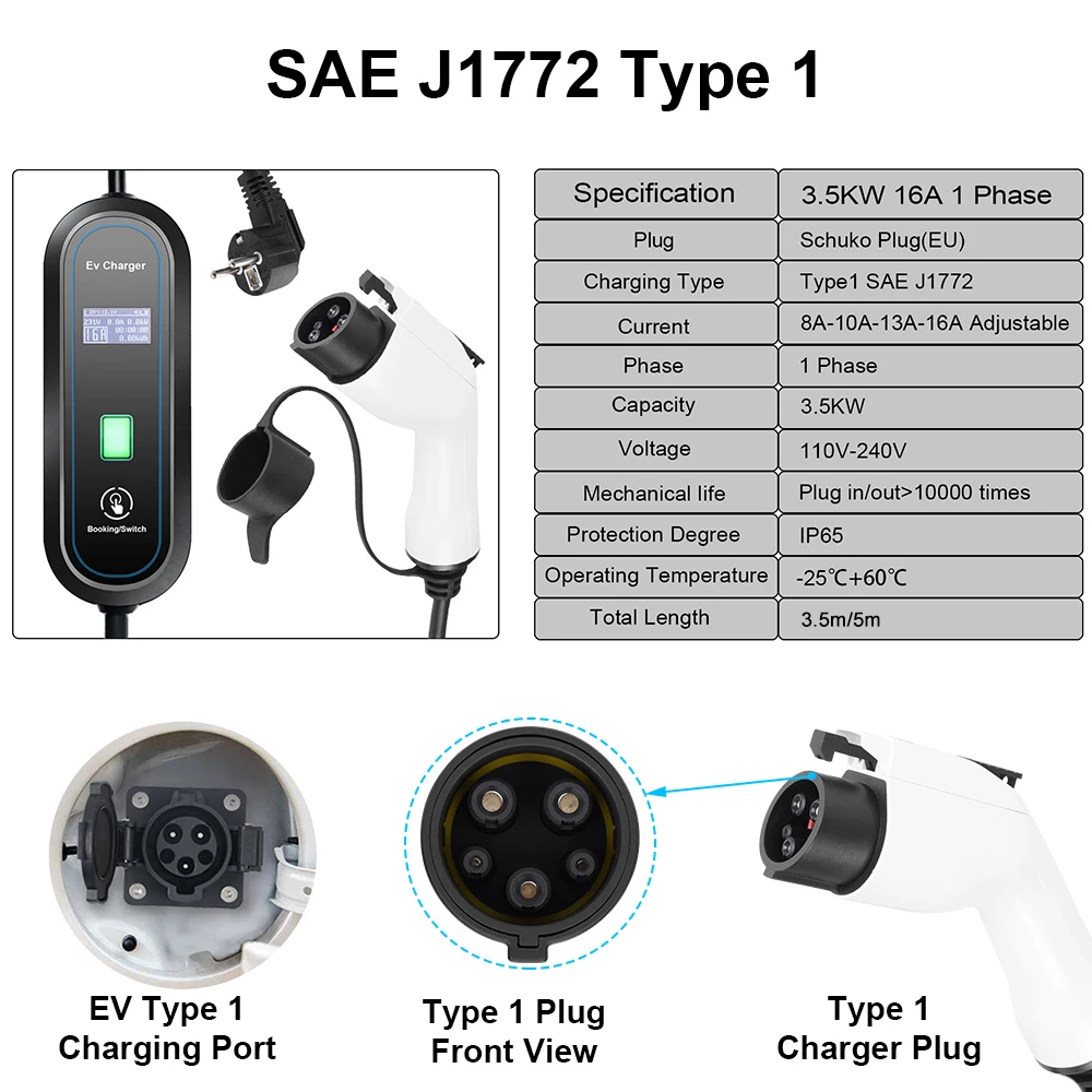 Teschev 220V 230V Level 2 EV Charger Type 2 16A 3.5kW GBT Plug Car Charging Cable J1772 Type 1 Wallbox for Electric Vehicles