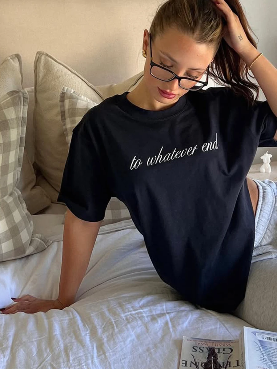 

Black Letter Print T-shirts For Women American Vintage Crew Neck Short Sleeve Tops Tees Summer New Simple Fashion Casual T-shirt