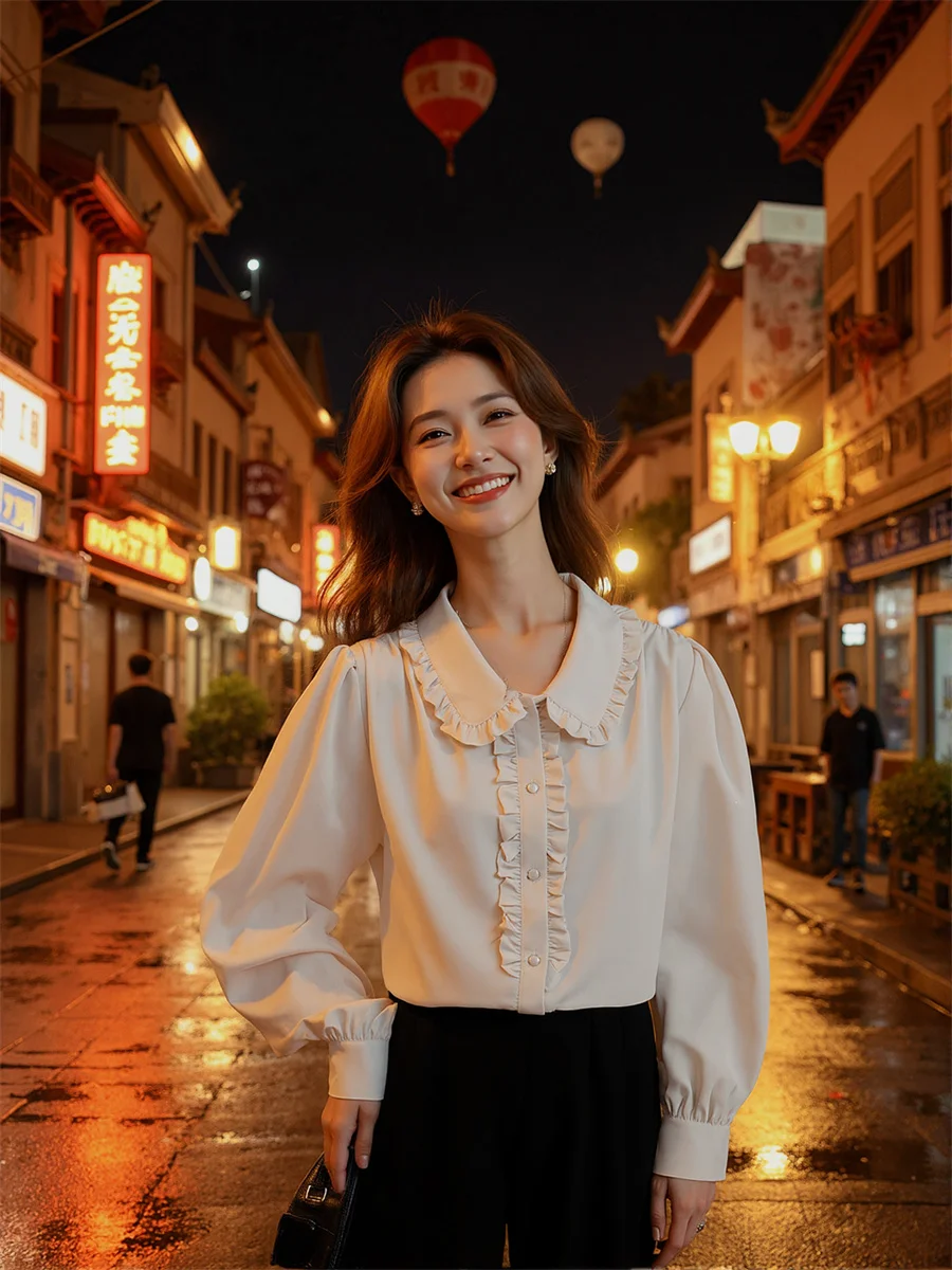 

Retro Shirts Women Long Sleeve Button-up Blouse with Lantern Sleeves Mandarin Collar and Solid Color for Spring Workwear Style