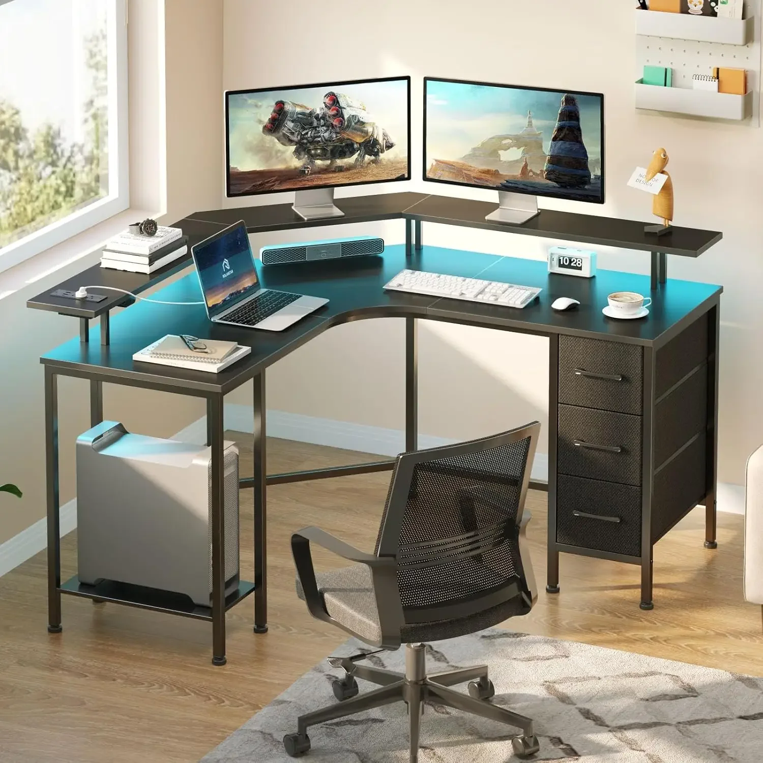 Corner Desk with Power Outlets & 3 Drawers, 44.6