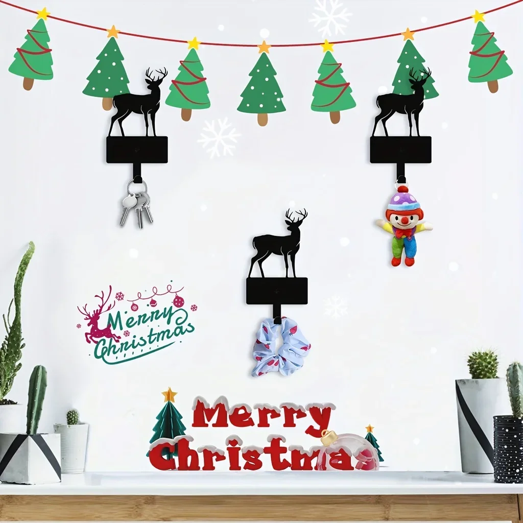 1pc, Christmas Deer Metal Coat Holder Hooks, Christmas Decoration, Wall Mounted Hanger Iron Bathroom Towel Key Hooks Scene Decor