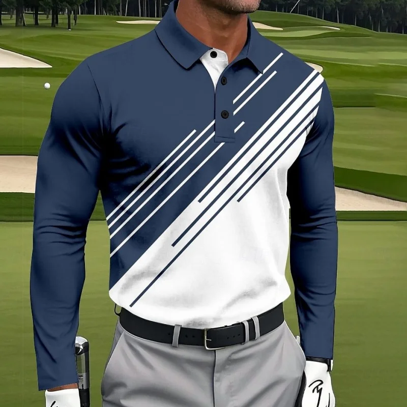

2025 New Fashion Golf Men's Polo Shirt Stripe Graphic Printed Tees Sports Breathable Quick Dry Button Polo Tops Classic Pullover