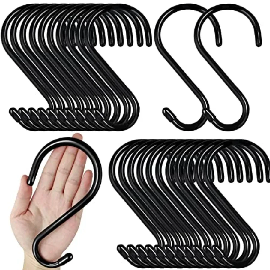 

Набор из 24 прочных S-образных крючков с нескользящим резиновым покрытием, толщиной 7 мм, черные металлические S-образные крючки для подвешивания растений, использования в шкафах, кормушек для птиц, на кухне