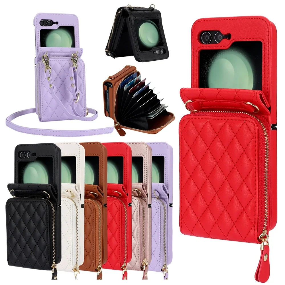 

Crossbody Lanyard Leather Wallet Case Zipper Flip Case For Samsung Galaxy Z Flip 7 6 5 4 3 Phone Cover Shockproof Cards Bag
