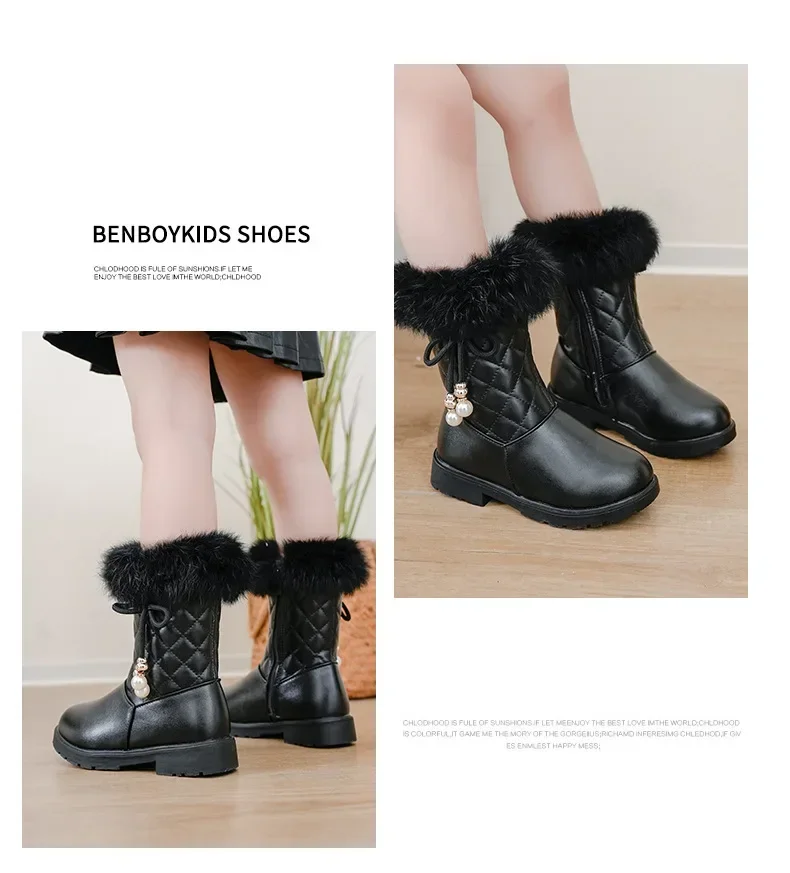 Mädchen-Schneestiefel aus Leder, warme Schuhe für den Winter, Kinder, Prinzessinnenstiefel mit Fell, 2024, neue Mode, süße Mädchen, lange Stiefel mit Schleife – Detail 9