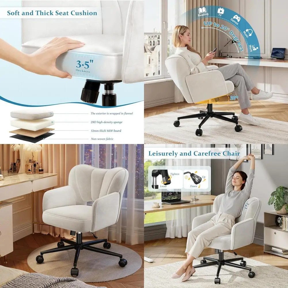 

Белый регулируемый по высоте стул для туалетного столика с колесиками и поддержкой спины для макияжа, работы и комфорта