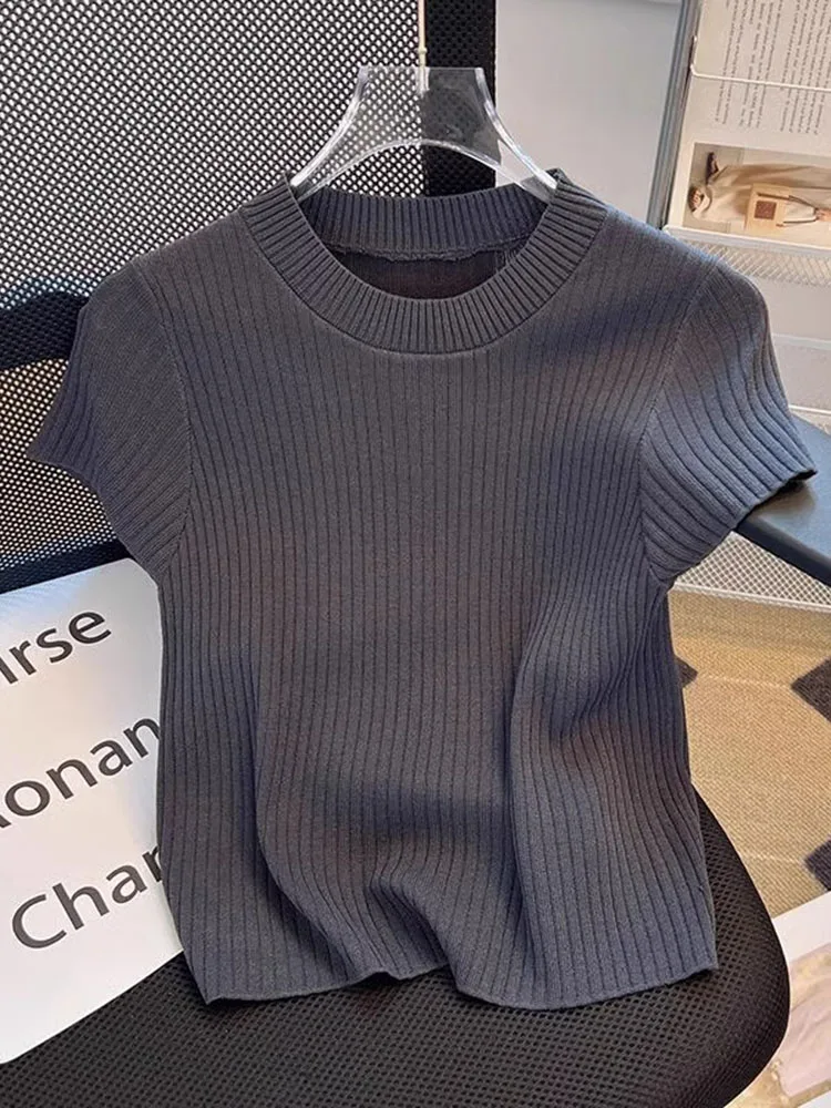 

Fashionable High-End Women's Ice Silk Knitted Top Light Maturity Style Summer New Design Commute Style Korean Version Short S...
