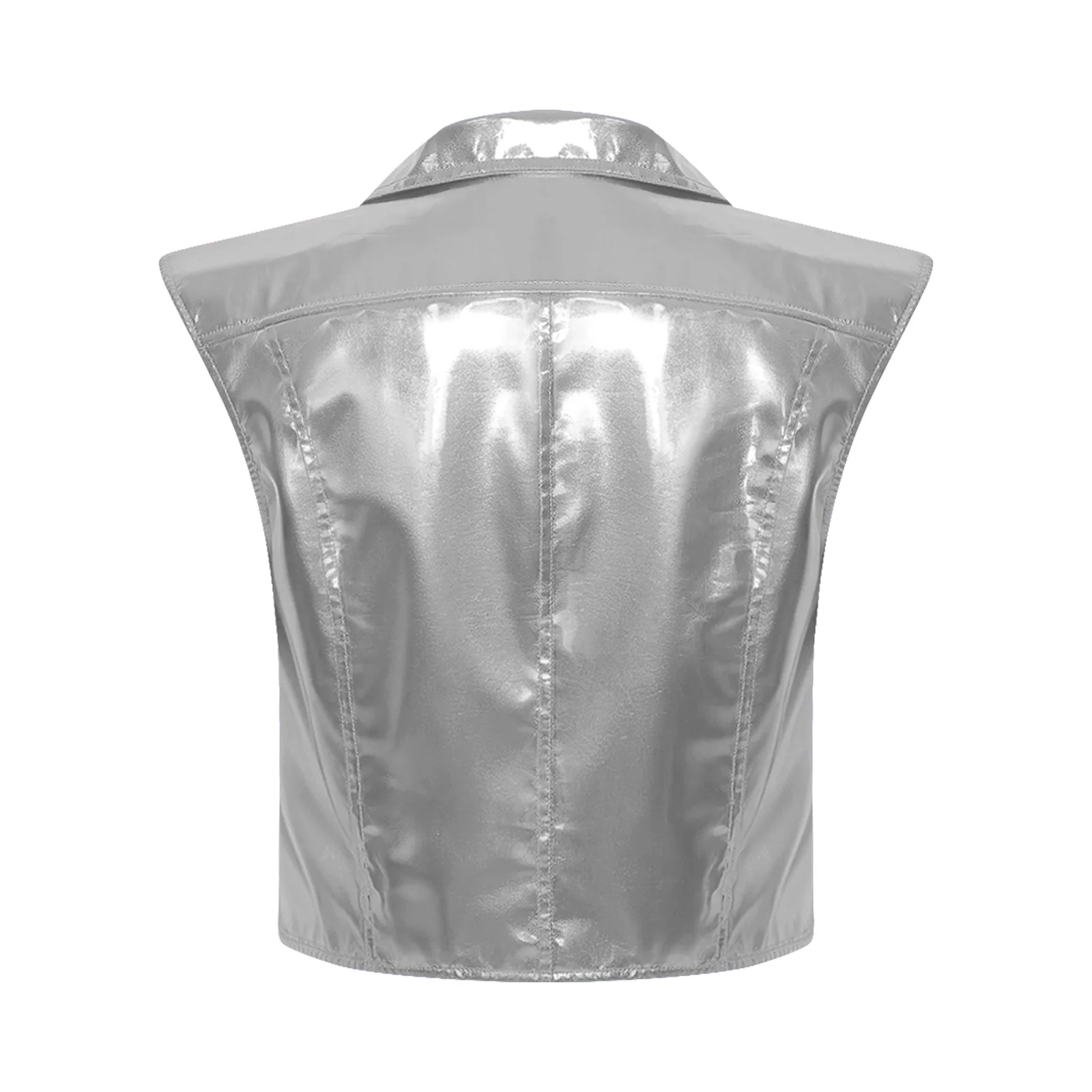 Women Sleeveless Waistcoat Punk Jazz Motorcycle Tank Top Metallic Club Vest Rave Party Clothes Notched Lapel V Neck Front Zipper