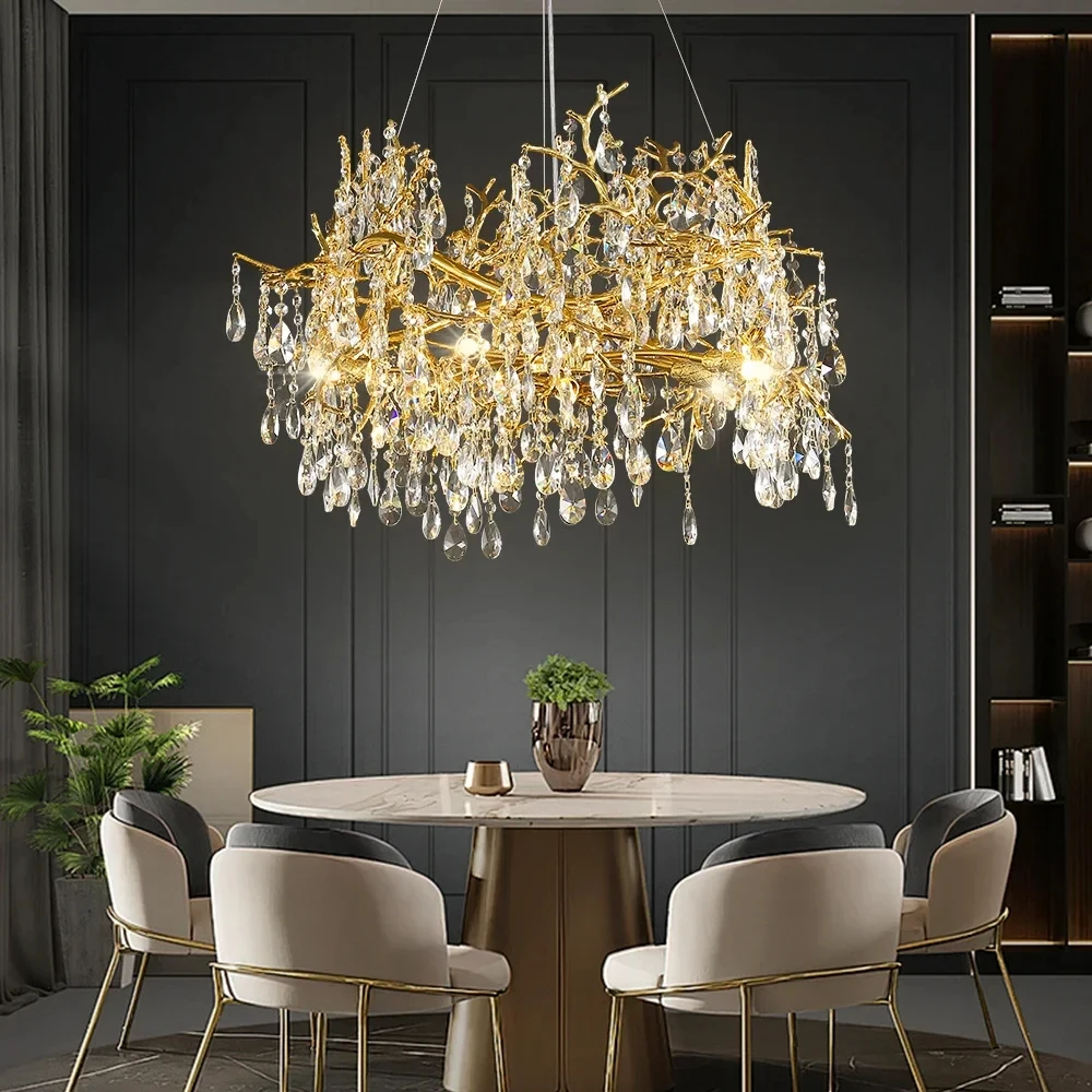 

Luxury Round Ceiling Chandelier Crystal Light Gold Branch Chandelier Living Room Decor Hotel Hanging Led Pendant Light Lustres