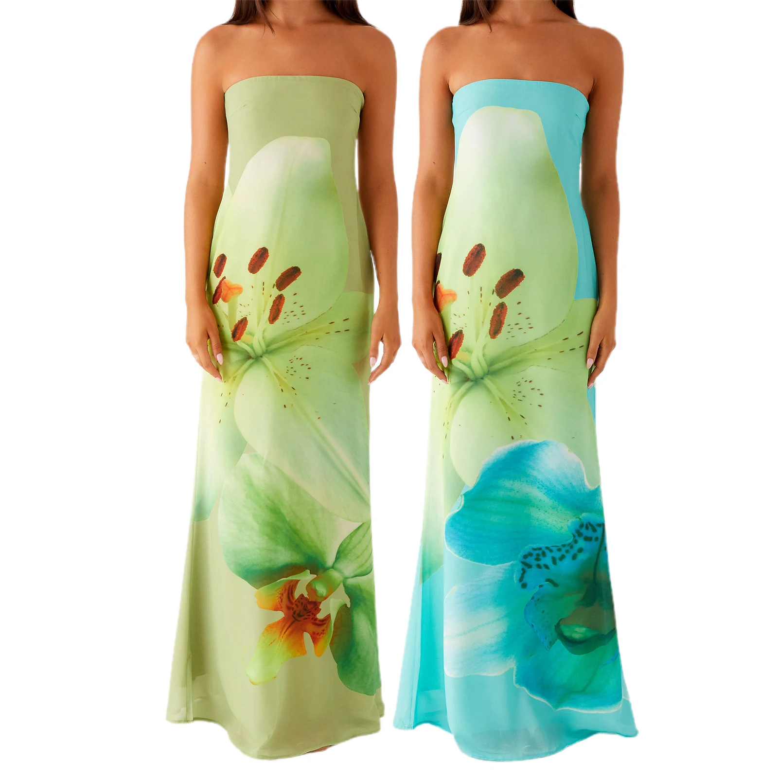 Women Tube Dress, Elegant Strapless Backless Flower Print Cocktail Dress Summer Long Dress