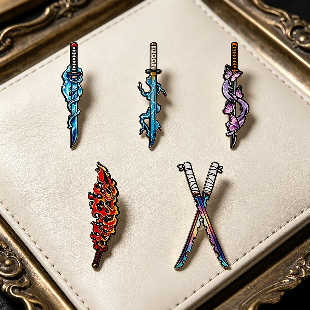 5pcs Demon Slayer Nichirin Sword Enamel Pins Set Anime Collectible Brooches Kimetsu No Yaiba Themed Lapel Pins for Fans - view 5