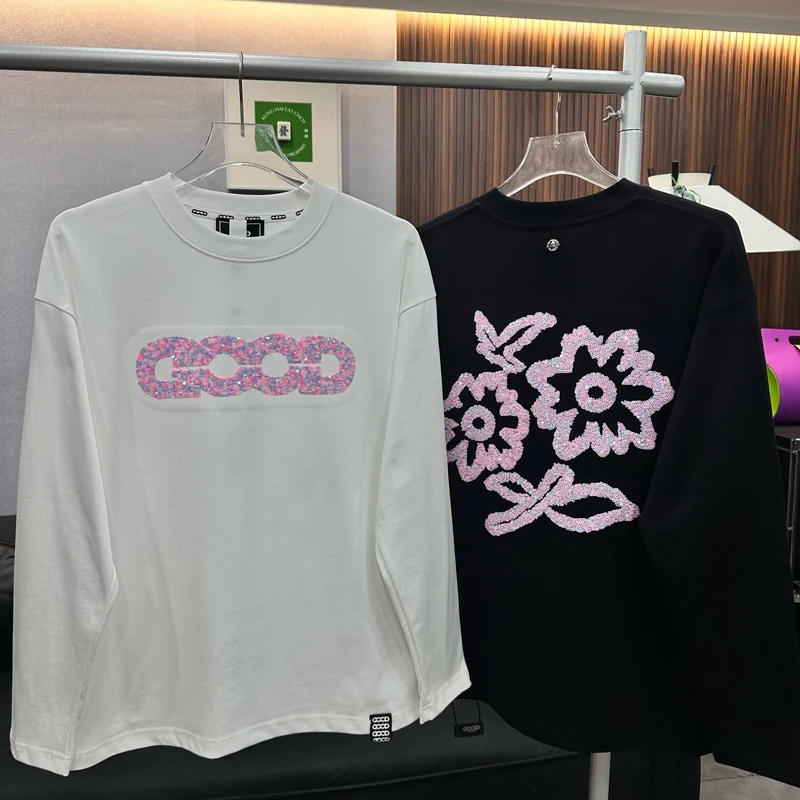 Men Women Fashion Street GOODBRAND Long Sleeve Tshirt Pink Glitter Letter Logo Flower Pattern Black White Round Neck Sweatshirt