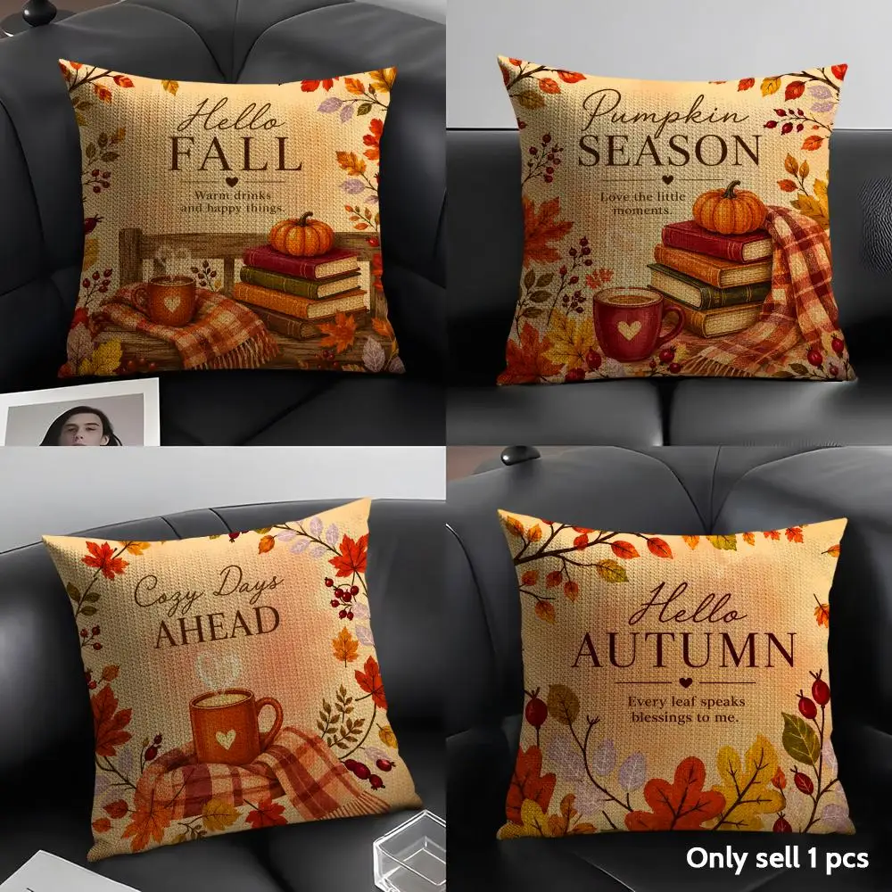 Autumn Maple Leaf Pumpkin Cushion Cover Natural Linen Pillow Case Organic Fabric Double Sided Print Sofa Home Decor Gift