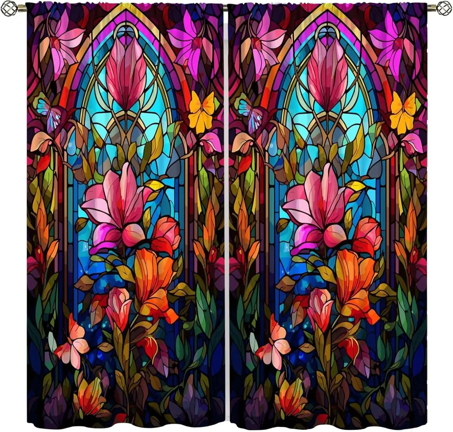 Stained Glass Abstract Flowers Curtains，Mid Century Vintage Bohemian Design Abstract Flowers Curtain for Bedroom Living Room