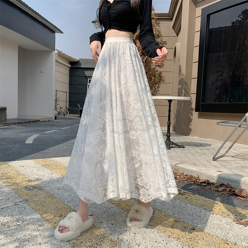 

Retro Elastic Lace f Skirt Inner Wear Me Pleated Long Skirt Sweet Sle A-Line Silhouette Polyester Fiber