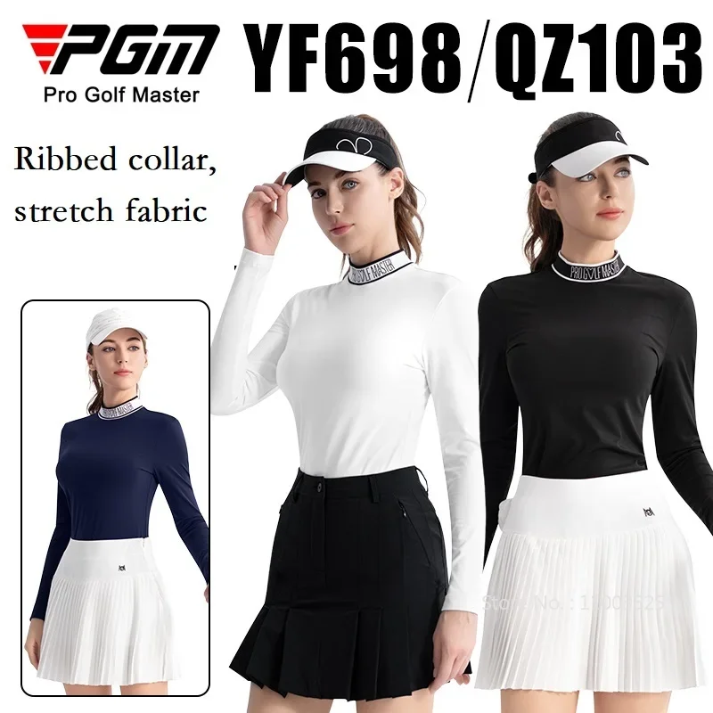 PGM Winter Autumn Golf Shirt Women Warm Velvet Long Sleeved Golf Clothing High Neck Slim Sports Tops Ladies Fitness Wear