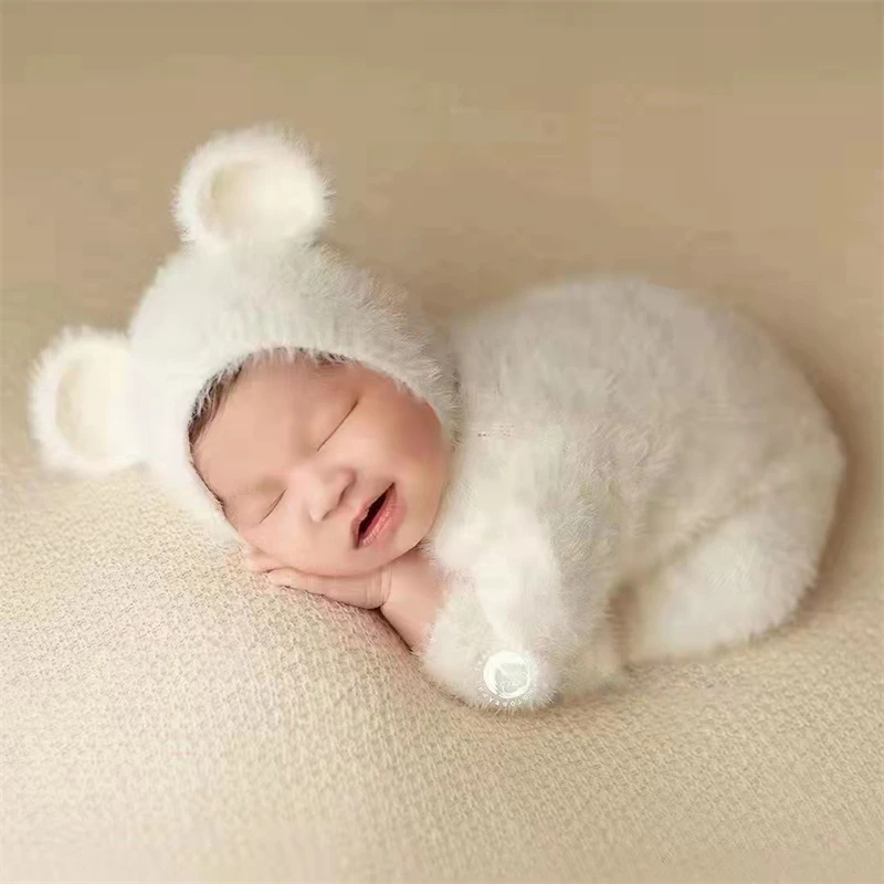 2pcs/Set Newborn Photography Props Furry Bear Rompers Jumpsuit Hat Infant Boy Girl Photo Clothing Baby Costumes Accessories