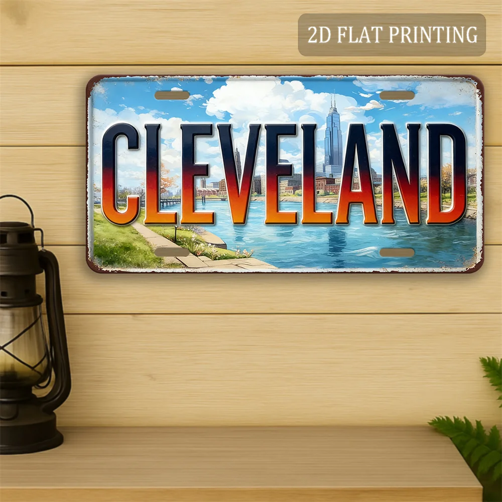 2D Flat, [2D Flat] 1pc for Cleveland USA Lakeside Skyline Metal Wall Sign - 30.48Cm X 15.24Cm Vintage Travel-Themed Decoratio