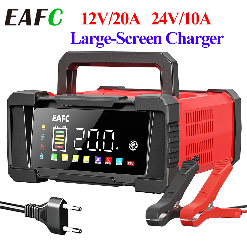 EAFC 12V/24 20A/10A Ulepszona ładowarka samochodowa, w pełni automatyczna ładowarka do akumulatorów z 7 etapami ładowania, do akumulatorów żelowych, AGM, LiFePO4, itp.