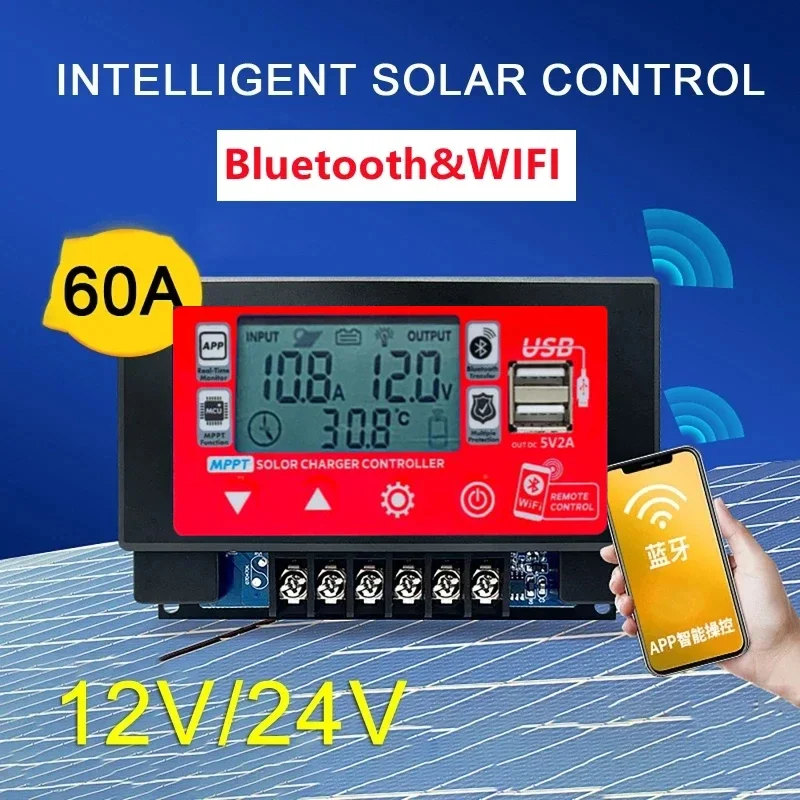 30A60A 12V/24V LCD Large Digital Display Bluetooth Wifi Solar Charge Controller Embedded Snap-on Energy Storage MPPT Controller