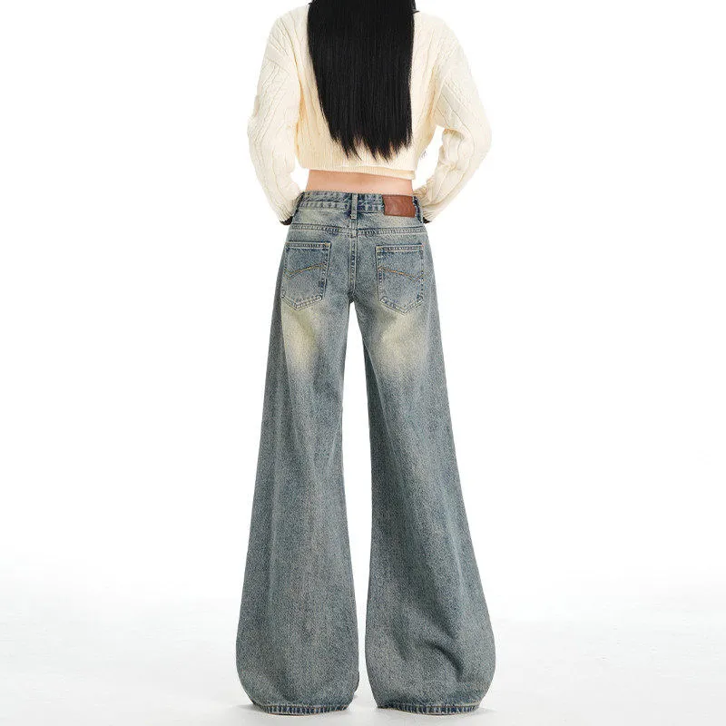 Retro American Low Waist Wide Leg Jeans Women Loose BF Lazy Style Small Size Versatile Straight Tube Pants Cotton Stretch Denim