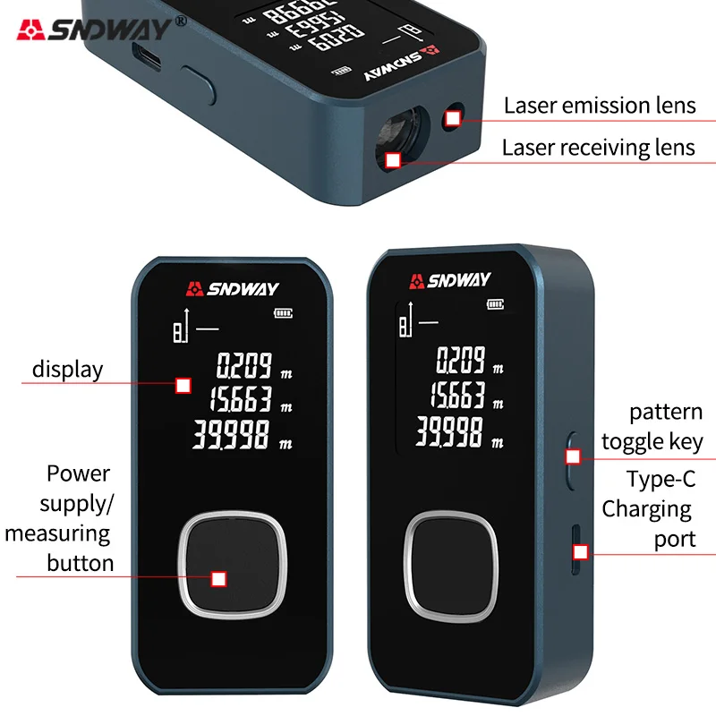 Imagem -06 - Mini Medidor de Distância a Laser de Metal 40m 50m 60m 100m in ft m Fita Métrica Trena Lazer Rangefinders Oled Display Construction Tools