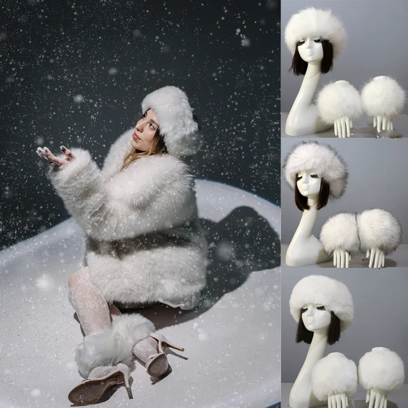 

Белая пушистая плюшевая шапка с тюрбаном в этническом стиле, снежная сцена, фотография, суперлисий мех, цилиндр для езды на мотоцикле