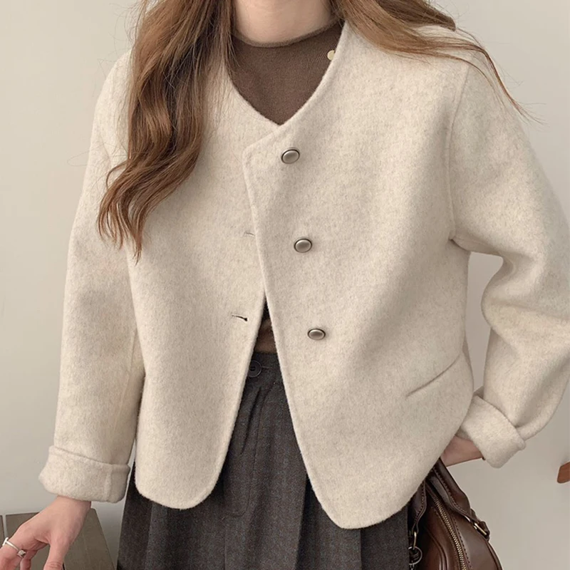 

Autumn 2025 Double-Sided Cashmere Coat Short Round Neck Women's Fashionable Korean Style Versatile Woolen Coats Outerwear