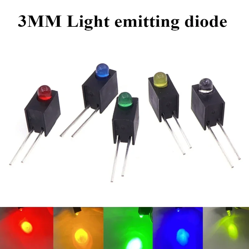 5/10/30/50Pcs/lot 3mm led luminous lamp with holder 90 degree bent foot LED light-emitting lamp White Red Blue Yellow Green