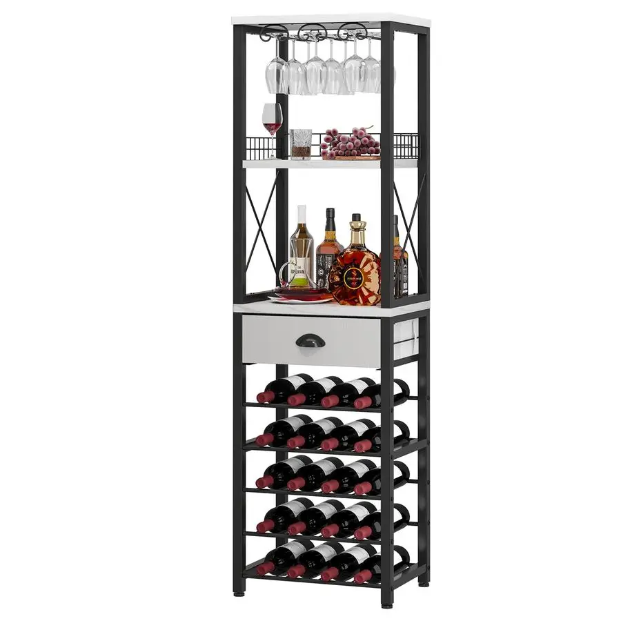 

Wine Rack Freestanding Floor, Bar Cabinet for Liquor and Glasses, 4Tier bar Cabinet with Tabletop, Glass Holder, Storage Drawer