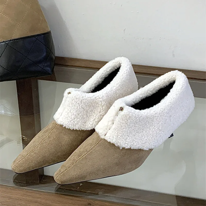 

Turned Over Edge Furry Design Women Pumps Sexy Pointed Toe Suede High Heels for Ladies Winter Plush Warm Comfortable Mules Shoes