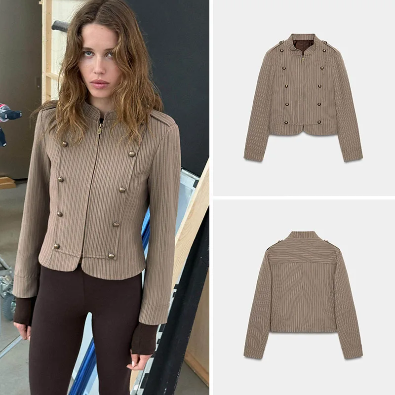 

Spring New Arrival Women's Slim Fit Suit Jaet Classic round Ne Striped Faionable Commute Sle Long Sve ort Coat