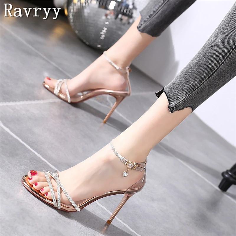 

Fairy Style Rhinestones High Heels Sandals Bling Crystal Pendant Ankle Strap Stiletto Shoes Women Dress Party Wedding Shoes
