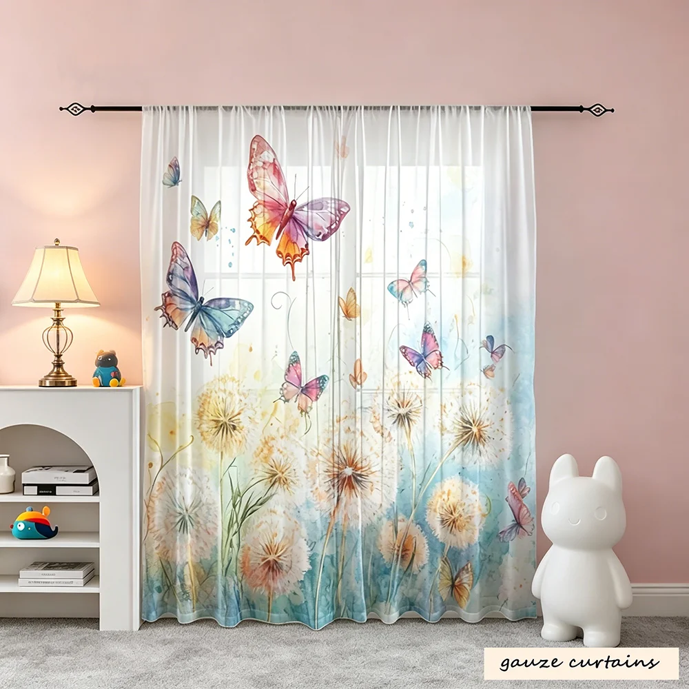 2-Piece Semi-Transparent Curtains Watercolor Floral Butterfly Pattern 100% Polyester Chenille Machine Washable Light Blocking Pr