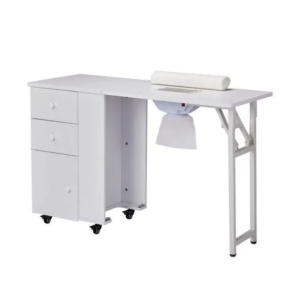 Foldable Manicure Table for Beauty Salon Electric Dust Collector with Lockable Wheels and Wrist Cushion Drawers Cabinet