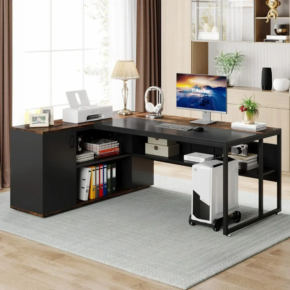 71-inch Executive Desk, L Shaped Desk with Cabinet Storage, Business Furniture Desk Workstation for Home Office, Brown and Black