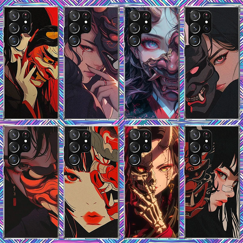 Japanese Oni Mask Girl Phone Case For Samsung Galaxy S23 S24 S25 Edge S26 Ultra S22 + S21 Plus S20 FE Cover Silicone Print Shell