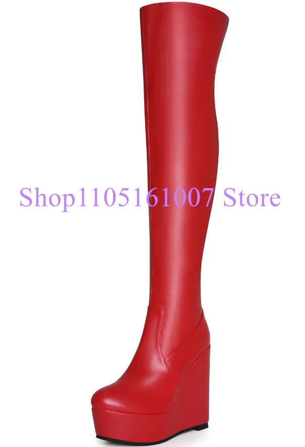 

Red Color Leather Wedge Long Boots Woman New Round Toe Platform Thigh High Boots Lady Fashion Over the Knee Boots