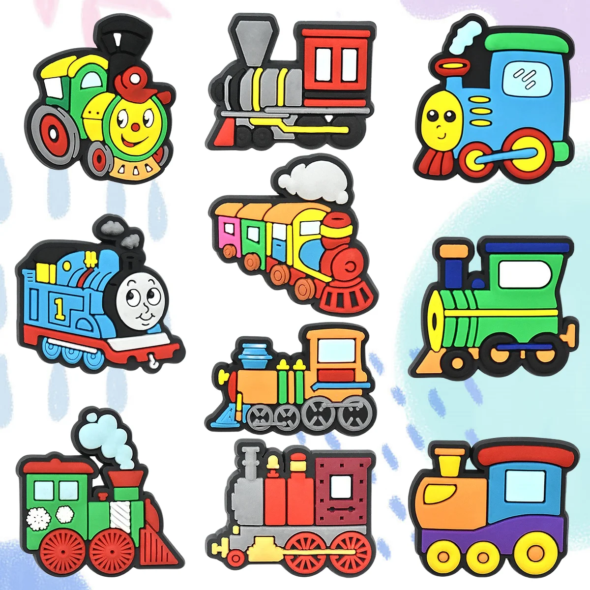 

New Arrival 1-10pcs Cartoon Train PVC Kids Sandals Shoes Buckle Charms Clog Garden Shoes Slipper Decorations Fit Holiday Gifts