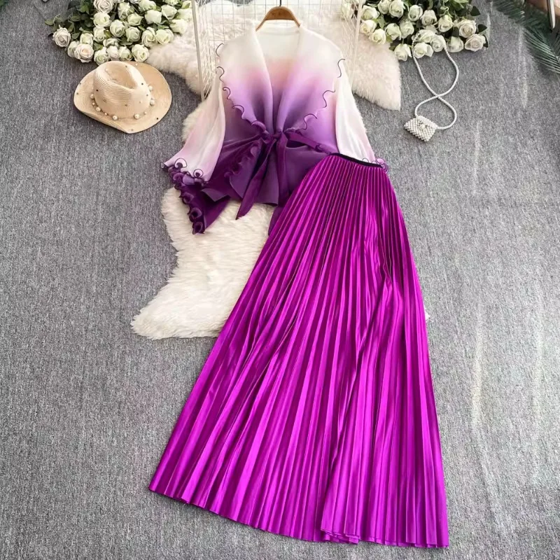 Gradient Summer Two-piece Sets Women's Casual Suit Long-sleeves Shirt Ruffle Short Blouse Pleated Maxi Skirts Loose 2-piece Sets