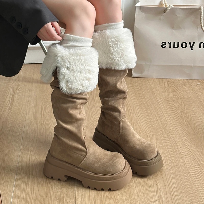 Women Fur Over The Knee Snow Boots Platform Flats Shoes Winter Plush High Boots 2025 Trend Sport Casual Shoes Chelsea Botas Lady
