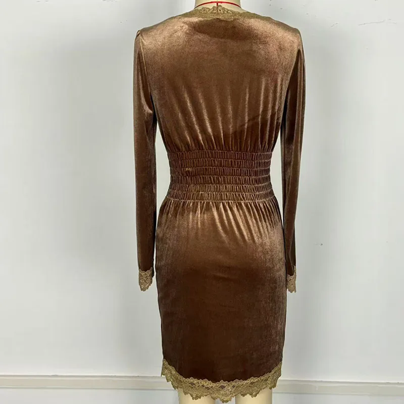 Mode O-hals Gedrapeerde Fluwelen Midi-jurk Dames Casual Lange Mouw Effen Feestjurk Elegante Kant Splitsen Taille Wrap Hippe Jurk