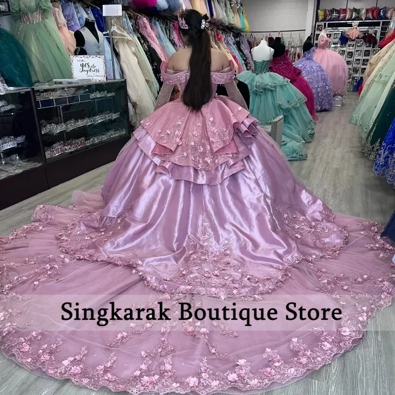 Pink Princess Quinceanera Dresses Court Train Applique Crystal Flowers Beads Vestidos De Quinceañera Sweet 15 Prom Ball Gown