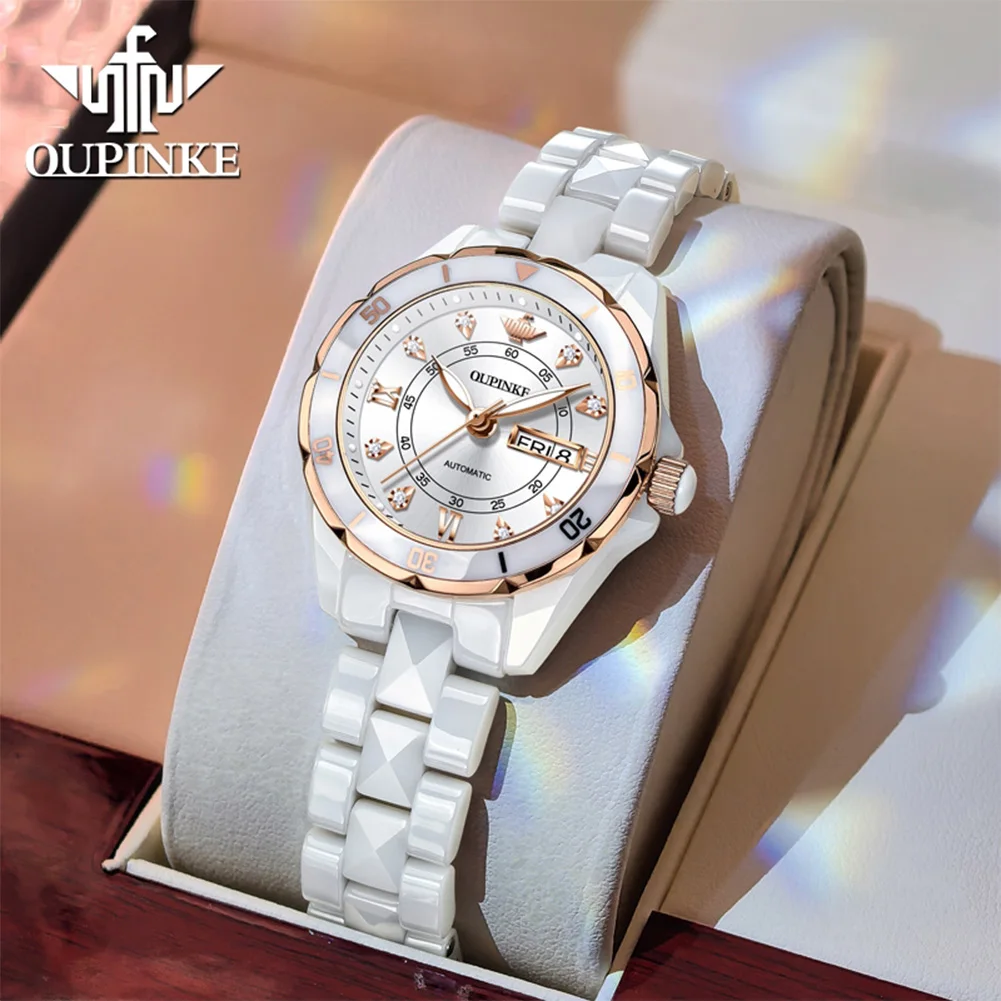 OUPINKE 3301 Women Watch Automatic Movement Ceramic Strap Luxury Diamond Dial Mechanical Ladies' Watch