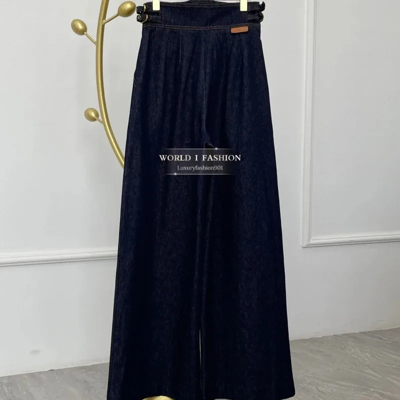 レディースジーンズ 2026 春新作 高品質 ネイビーブルー デニム ワイドレッグパンツ