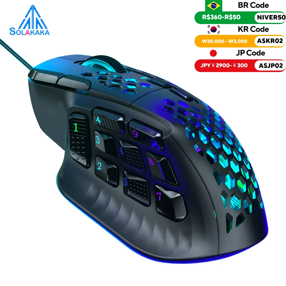 SOLAKAKA SM809 Wired Gaming Mouse 16 Side Buttons 22800 DPI Programmable Macro MMO Esports Mouse Heneycemb Ergonomic RGB Backlit