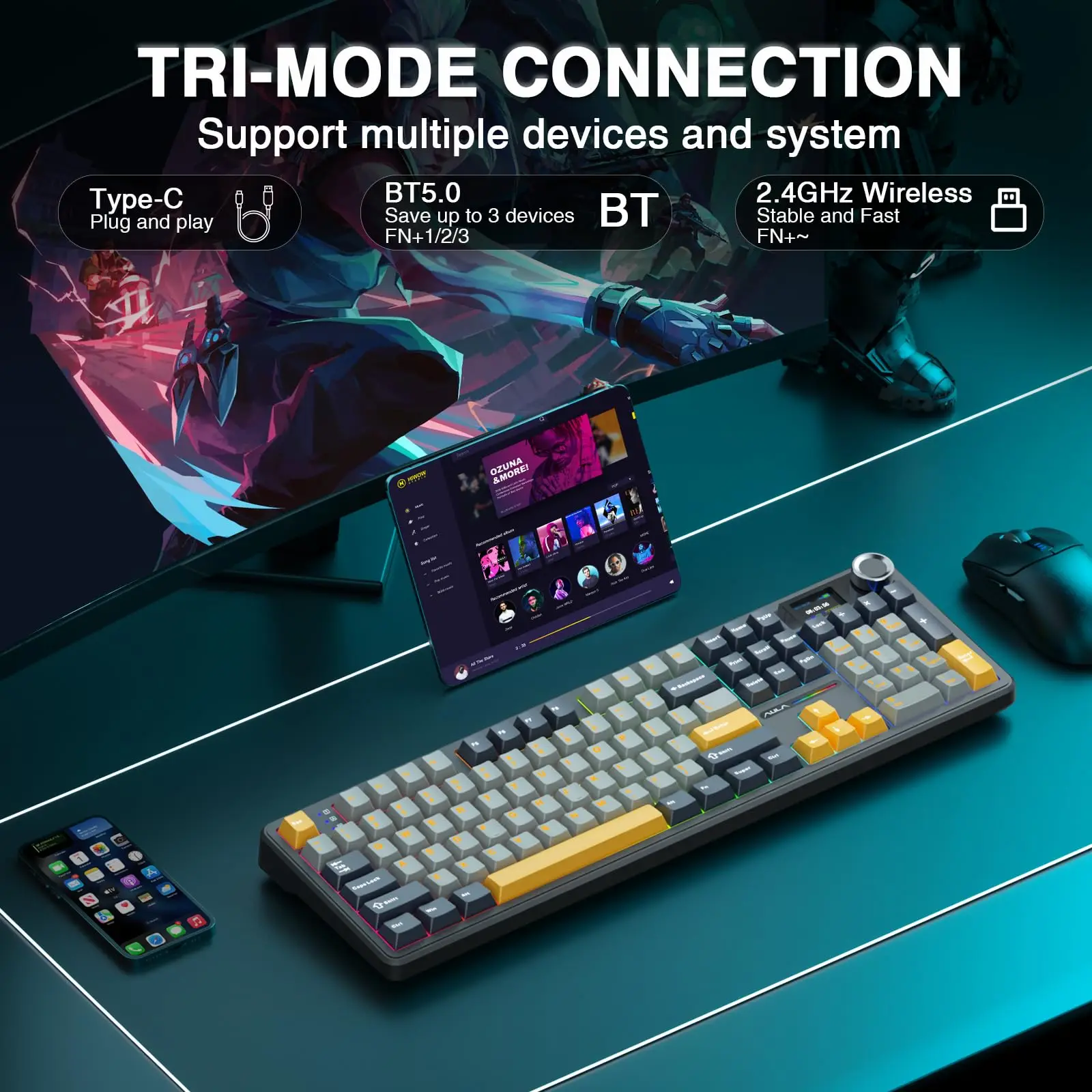 AULA F108 Pro Wireless Mechanical Keyboard Full Size LCD Screen Knob Tri-Mode Bluetooth 2.4G Hot Swap 8000mAh RGB Gaming
