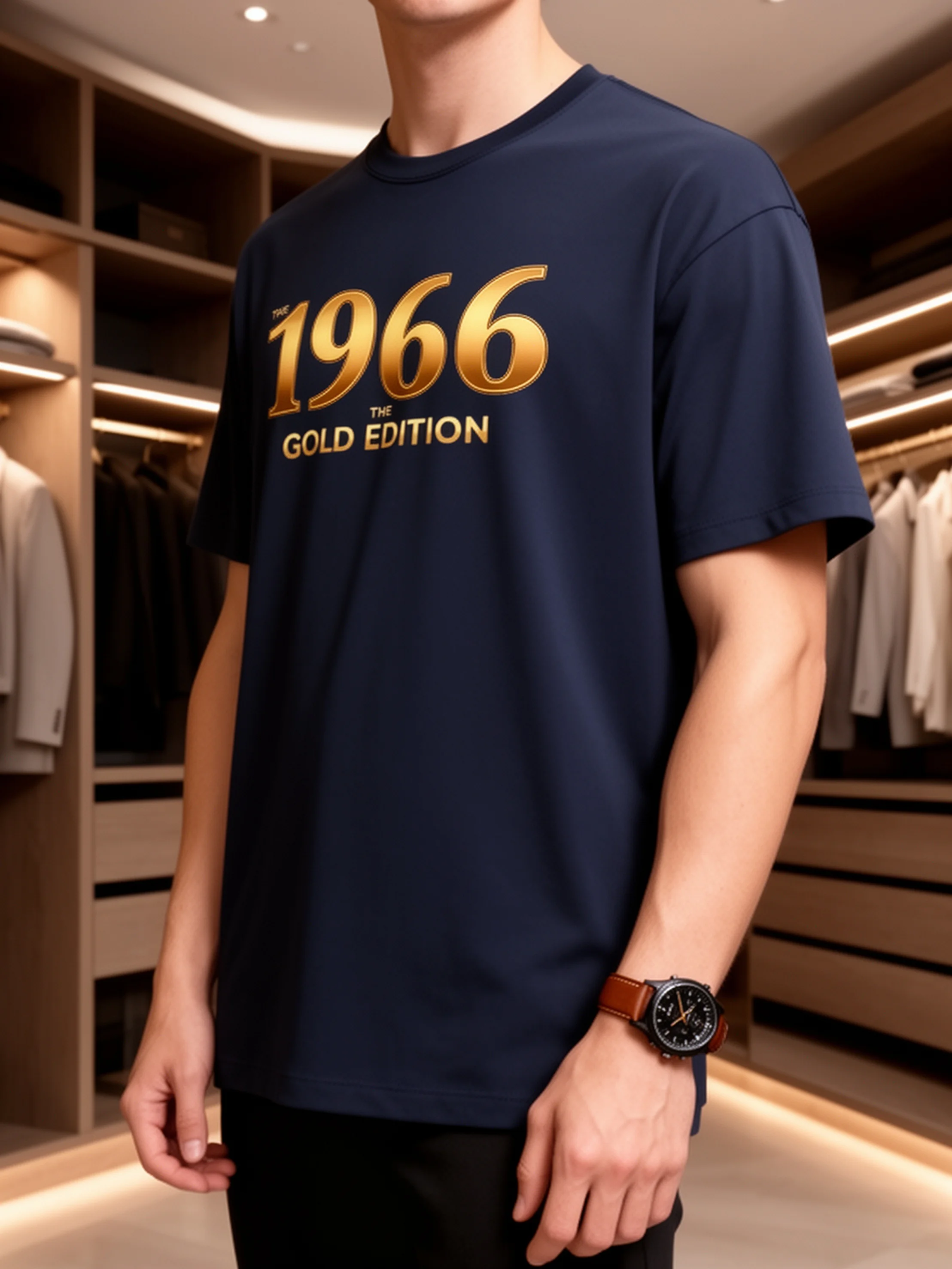 Men's Summer 100% Cotton Fashion Casual Loose THE 1966 THE GOLD EDITION Printed Sports Round Neck Short Sleeve T-shirt Top